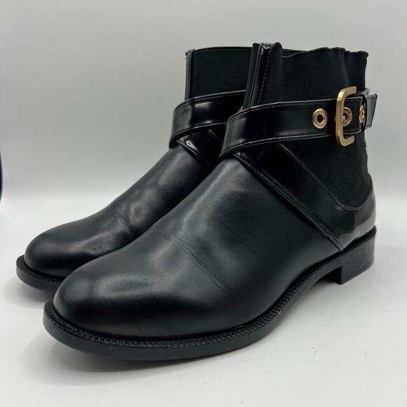 Zara Shoes - Zara Trafaluc Black Criss Cross Strap Gold Buckle Moto Ankle Boots | Women's 6.5
